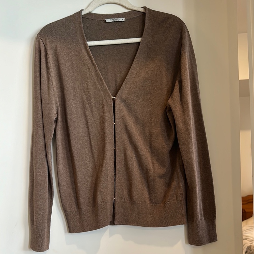 M.M. LaFleur The Billie Cardigan Womens XLargeKnit Hook Eye Taupe Sweater Office
